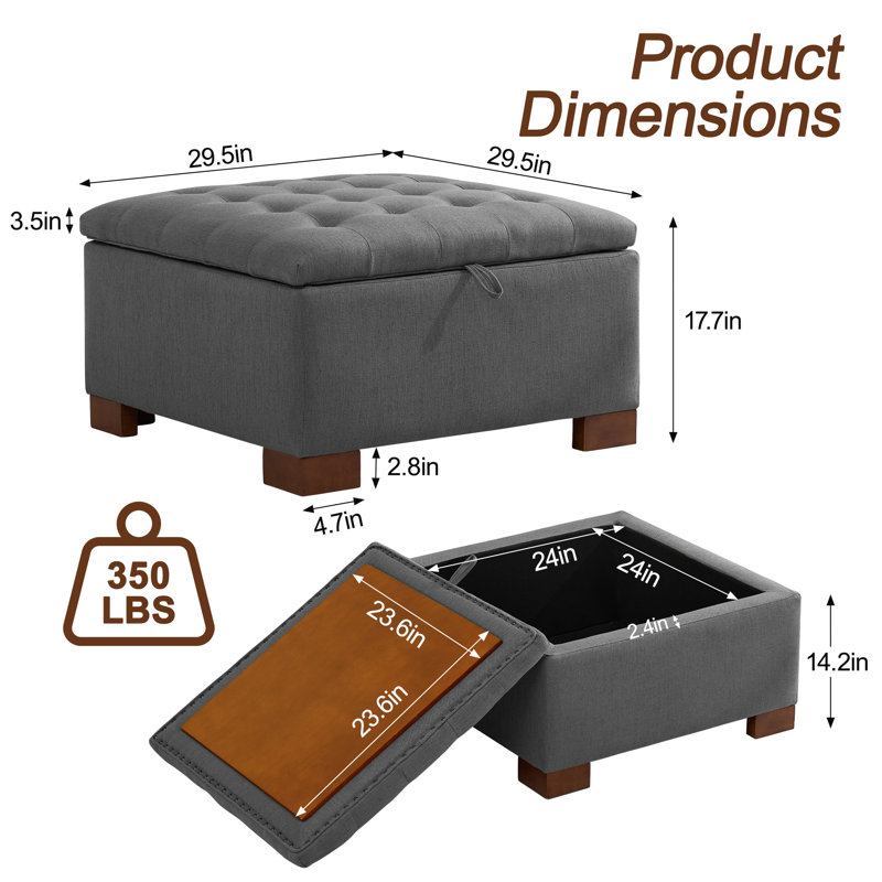 29.5’’ Wide Upholstered Tufted Square Storage Ottoman, Dark Grey