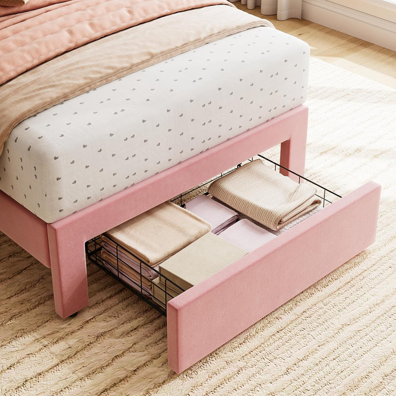 Twin Upholstered Platform Bed with Wave Headboard and Storage Drawer, Velvet Pink Bed Frame with Wooden Slats, No Box Spring Needed, Set of 2