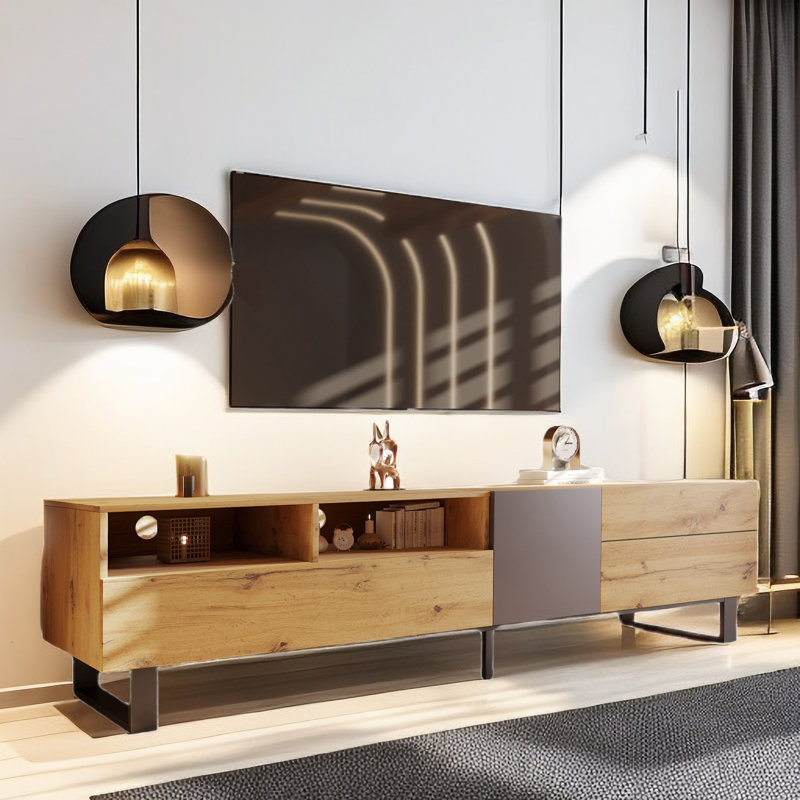 Michl 70.9'' Wide TV Stand with Shelves And Drop Down Doors, Brown/Black