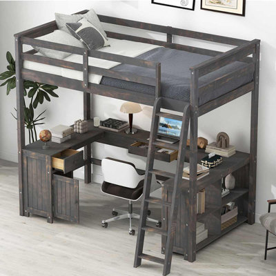 Wood Loft Bed With U-Shaped Desk, Drawers And Storage Shelves by Harriet Bee