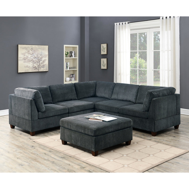 Contemporary Grey Chenille 6pc Living Room Sectional , Contains 3x Corner Sofas, 2x Armless Chairs And 1x , Soft Texture Chic With Wedge, For Style