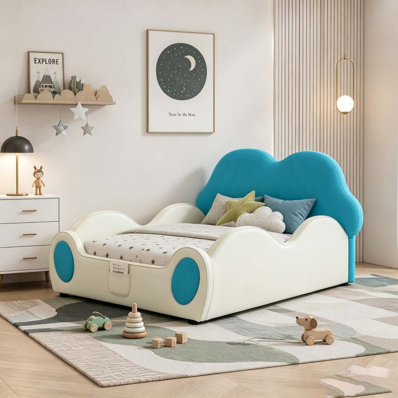 Mignon lit pour enfants en cuir de polyuréthane avec garde-corps et lit de sécurité pour tout-petits, Beige,Blue