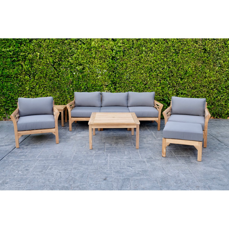Monterey Outdoor Teak Conversation Set, 5 Pcs:  Sofa,Chair,Cushion,Table,Ottoman, Cocoa