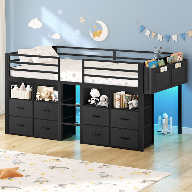 Twin Loft Bed With 8 Storage Drawers And Open Storage Shelves, Low Loft Bed Twin Size With Led Lights,stairs,metal Bed With Safety Guardrail,space Saving,no Box Spring Needed