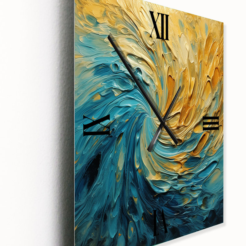 Horloge murale abstraite en métal Golden Ocean Swirling Waves II, Surdimensionné