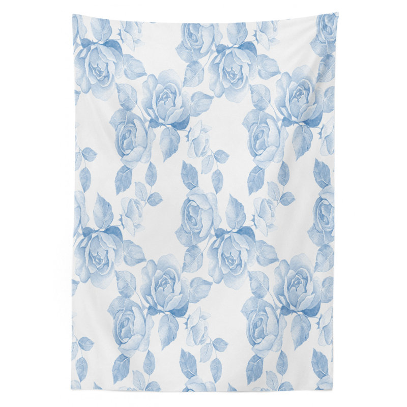 Rose Tablecloth, Faint Faded Floral Dreamy Branch Plant Fashion Pastel Spring Seasonal Design, Rectangular Table Cover For Dining Room Kitchen Decor, 52" X 70", Soft Blue White