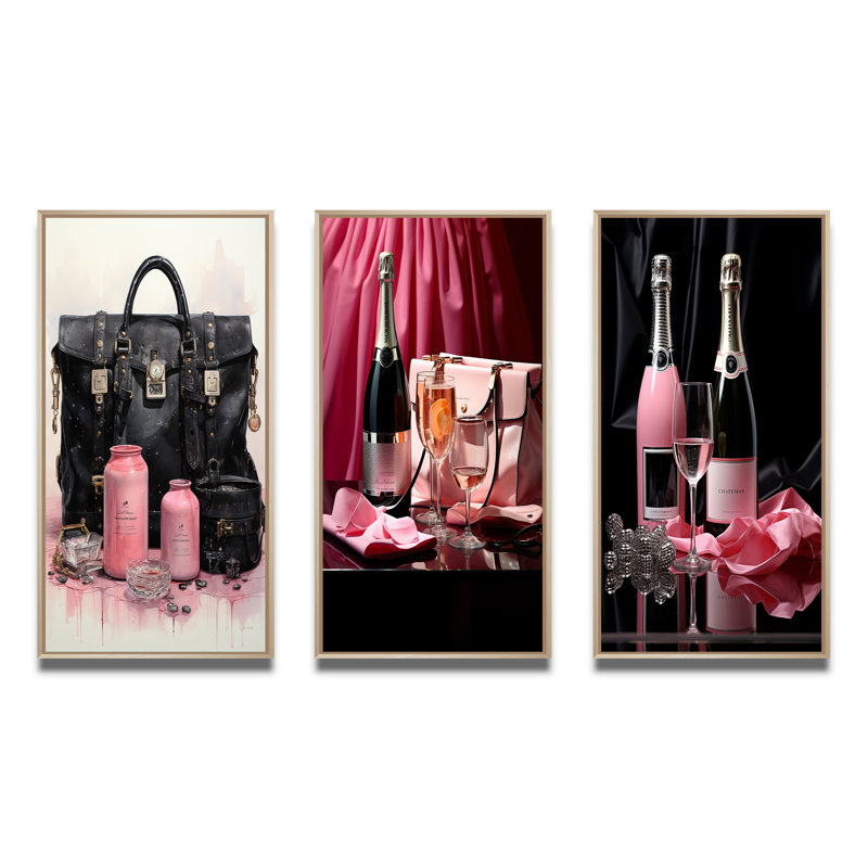 Rose Glamour II - ensemble d'art mural tendance de 3, H 28 po x l 36 po, Encadré naturel