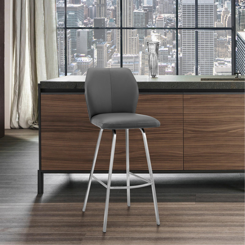 Tabouret de comptoir gris en faux cuir et acier inoxydable 26 po