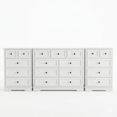 Vintage 3-Piece Bedroom Set: 9-Drawer Double Dresser And Set of Two 5-Drawer Tall Chest