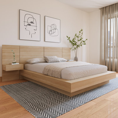 Ensemble de chambre à coucher 3 pièces avec lit et 2 tables de chevet flottantes Kaenen
