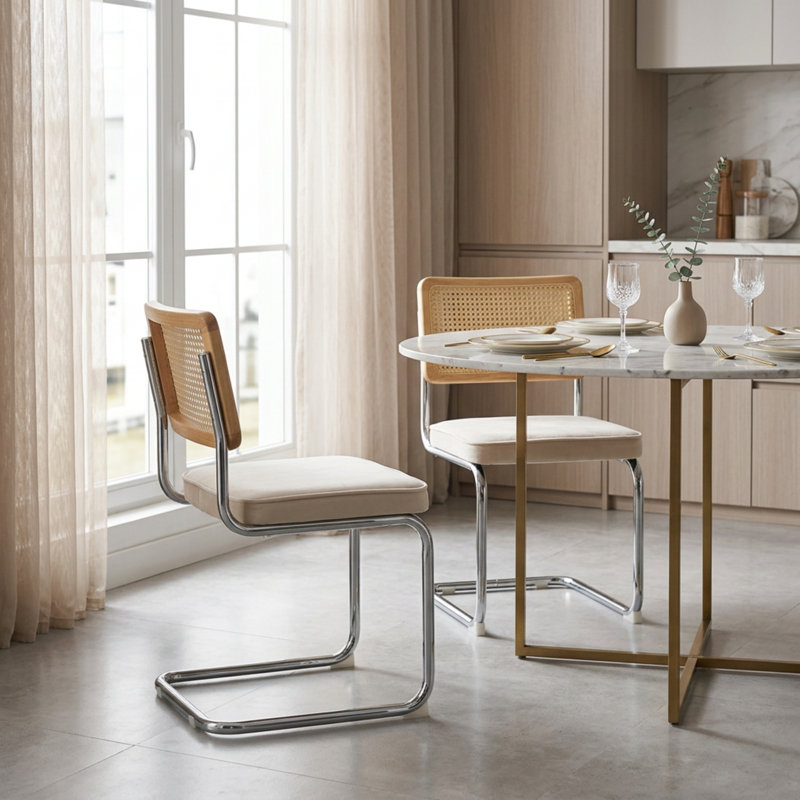 33In. H Modern Velvet Dining Chairs, Rattan Upholstered Kitchen Chairs With Stainless Base, Beige, Beige