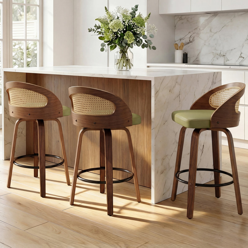Swivel Upholstered Counter Stool with Solid Wood Frame, Counter Stool (63.5cm Seat Height), Green Faux Leather
