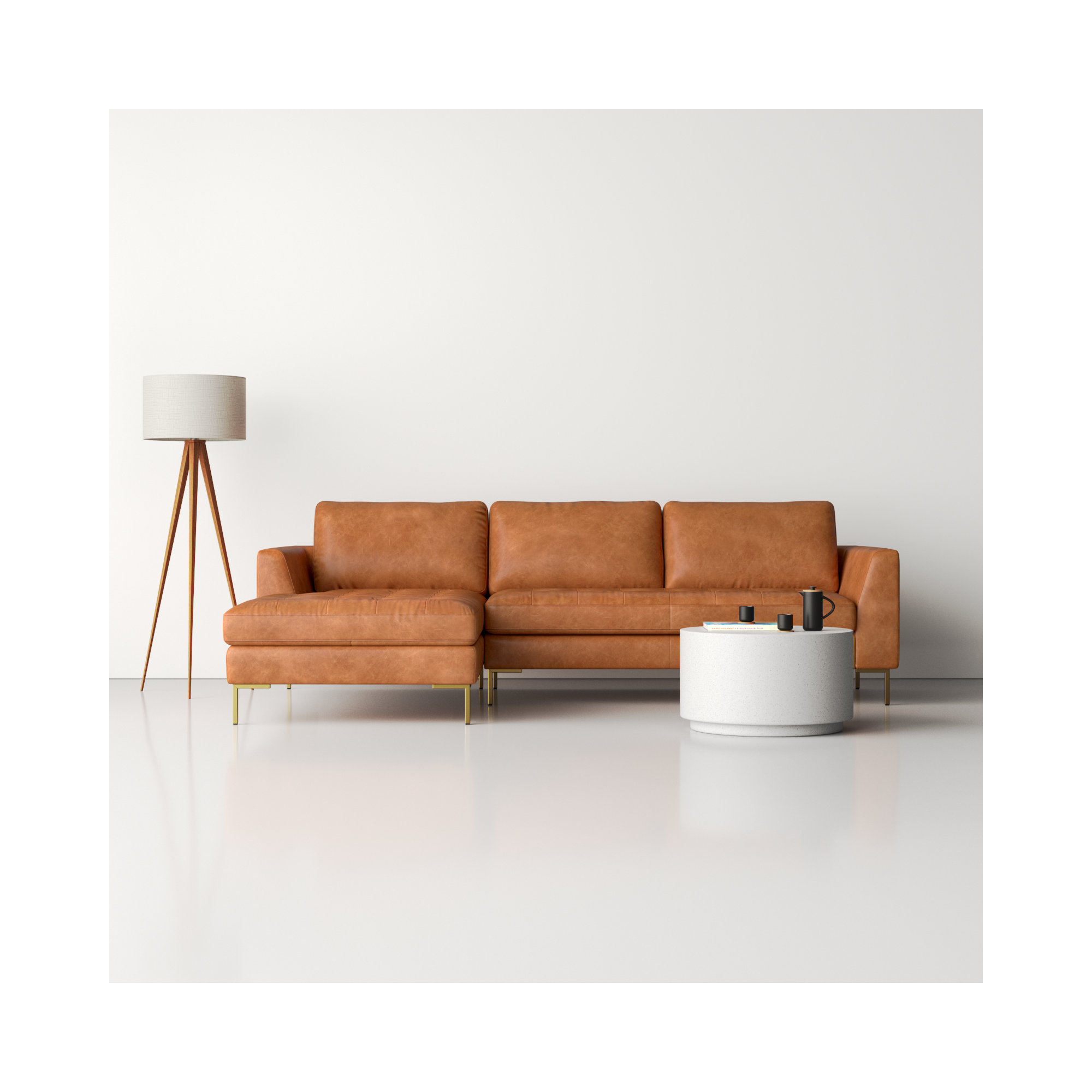  Full-Grain Genuine Italian Leather Sectional Sofa, Walnut, Cognac Tan Genuine Leather, Left Hand Facing