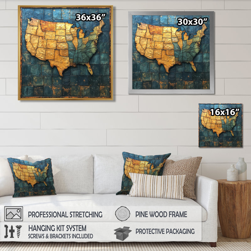 Amirya Vintage 19 Centruy Us Map II - carte des États-Unis, art mural, H 36 po x l 36 po, Doré