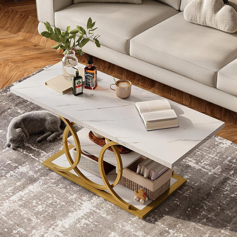 Table basse rustique moderne avec rangement, table basse à 3 niveaux en faux marbre, motif pleine lune, blanc et or