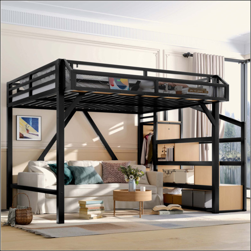 Metal Loft Bed with Storage Stairs, Built-in Wardrobe & Shelves, USB Ports, LED Lights, Noise-Reduced Design for Teens, Students, Dorm & Bedroom