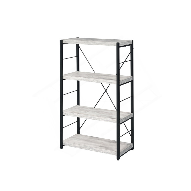 Jurgen Antique White & Black Bookshelf With Faux Concrete Shelves And Metal Frame For Modern Storage