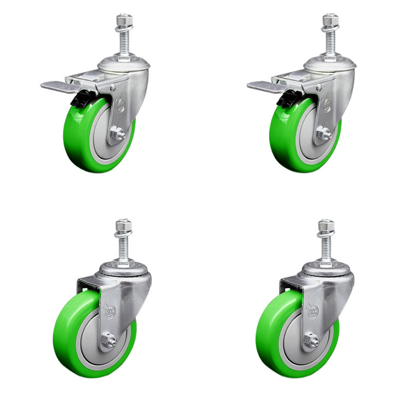 Ensemble de 4 roulettes à tige filetée en polyuréthane vert de 3/8 po 4 pouces