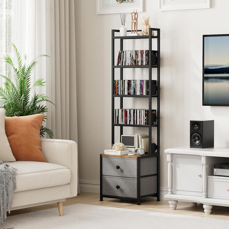 CD Storage Rack With Drawer, 5-Tier DVD Organizer Shelf W,Adjustable Book Stoppers, Media Storage Rack For CD,DVD, Books,Games, Ideal For Living Room , Home Office