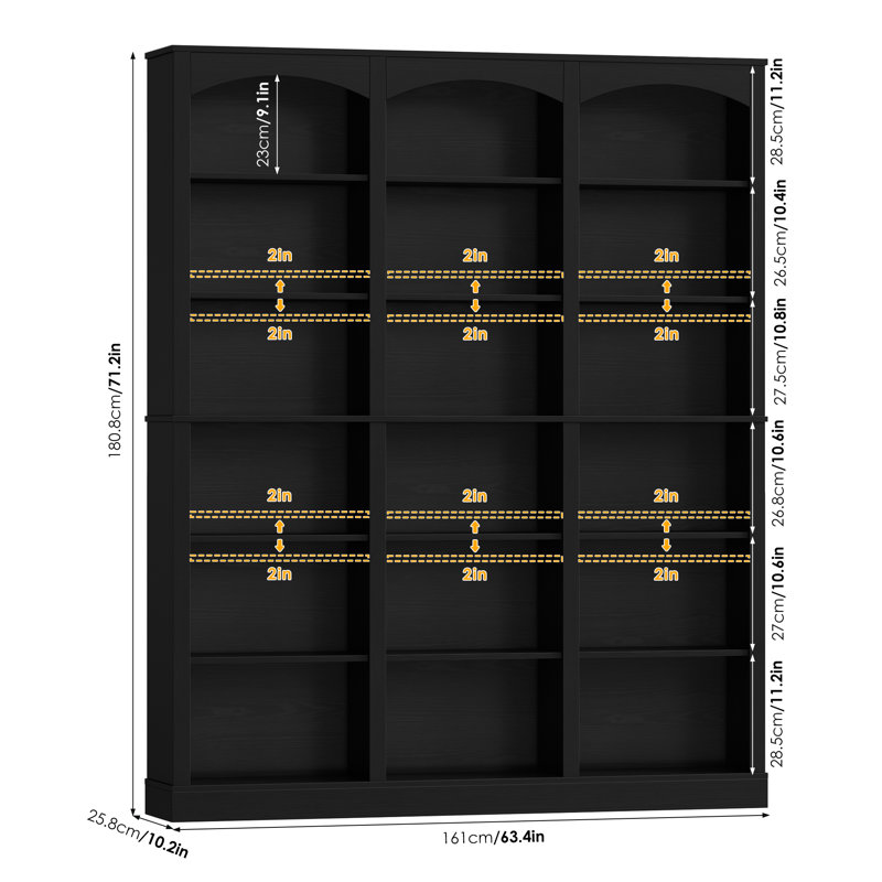 Huckins Standard Bookcase with Adjustable Shelves, 71.2" H x 63.4" W Modern Wood Storage Shelf, Black