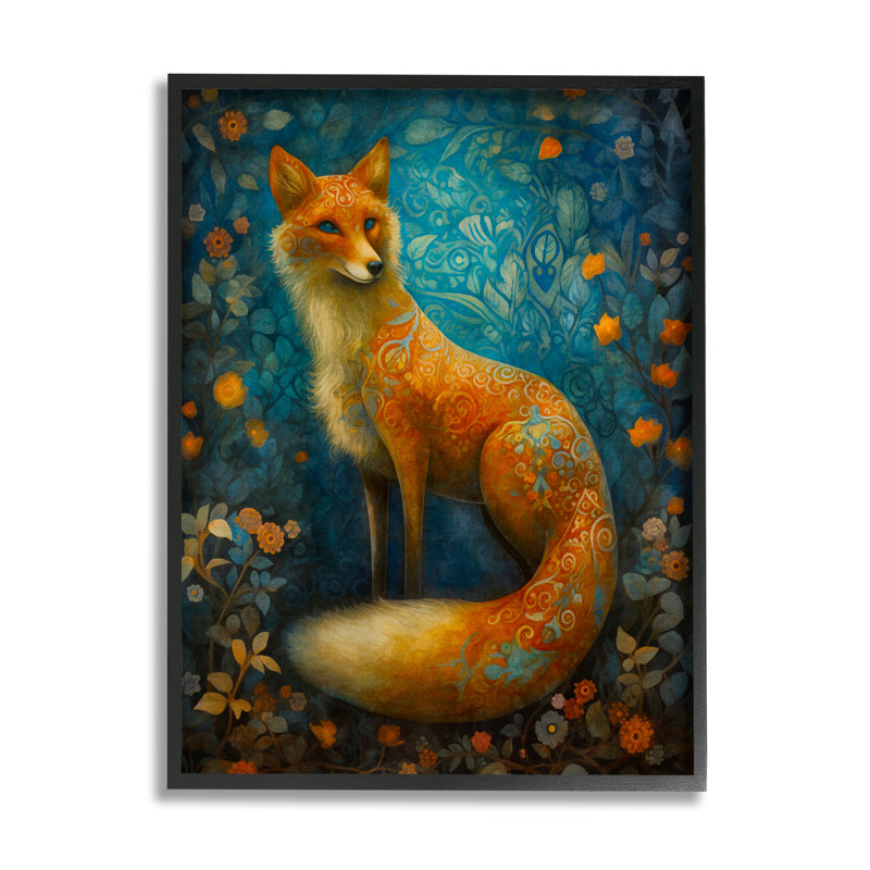 Forêt de renard sur bois par LSR Design Studio, peinture, H 20 po x l 16 po x P 1,5 po, Giclée encadrée noir minuit
