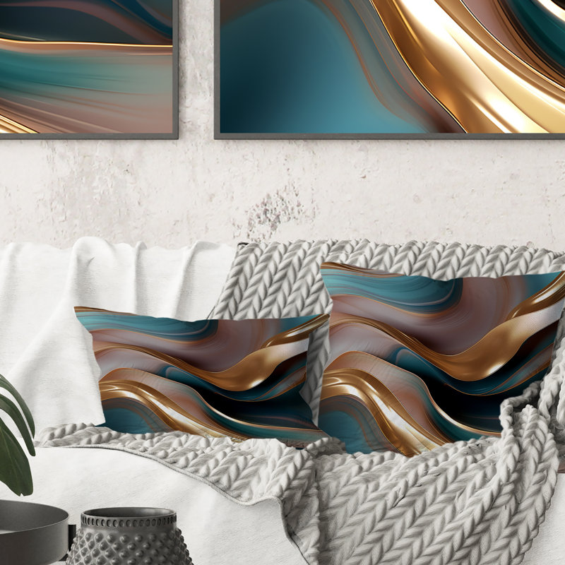 Tender Wave Harmony Liquid Gold And Turquoise - Abstract Shapes Printed Throw Pillow