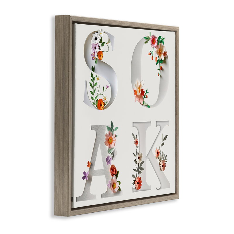 Cadre flottant floral avec lettres de bain, design par Susan Arnot, H 18 po x l 18 po, Cadre flottant orme Montalcino