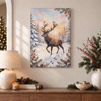 Art mural sur toile, "Cerf avec des mésanges sur bois en hiver"