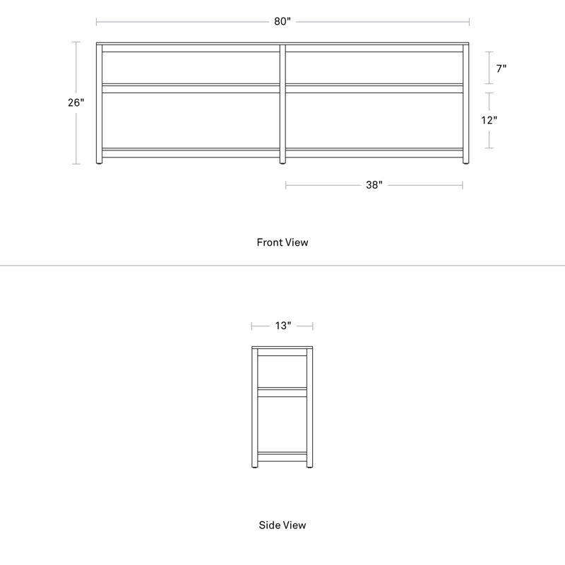 Bibliothèque ouverte, (2 tablettes) H 26 po x l 80 po x P 13 po, Noyer