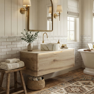 Meuble-lavabo flottant moderne avec comptoir en travertin Roma, armoire en chêne blanc et lavabo en céramique à motif de pierre (24 po / 30 po / 36 po)