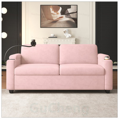 Causeuse-lit en velours côtelé avec matelas pleine grandeur, ports USB, porte-gobelets et poches de rangement pour le salon