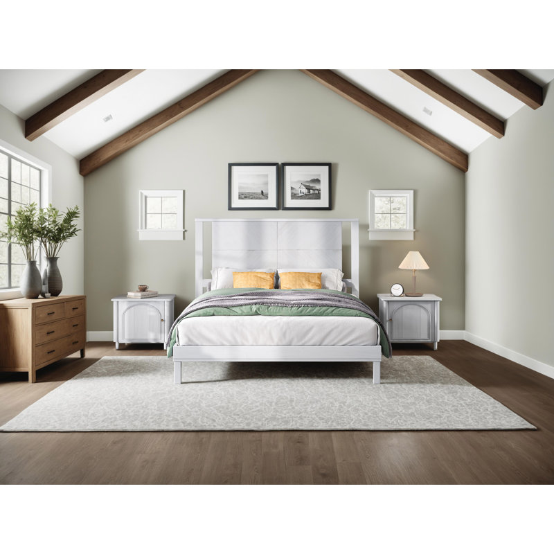 Mid-century Modern Solid Wood Bed Frame With Headboard, White, Queen