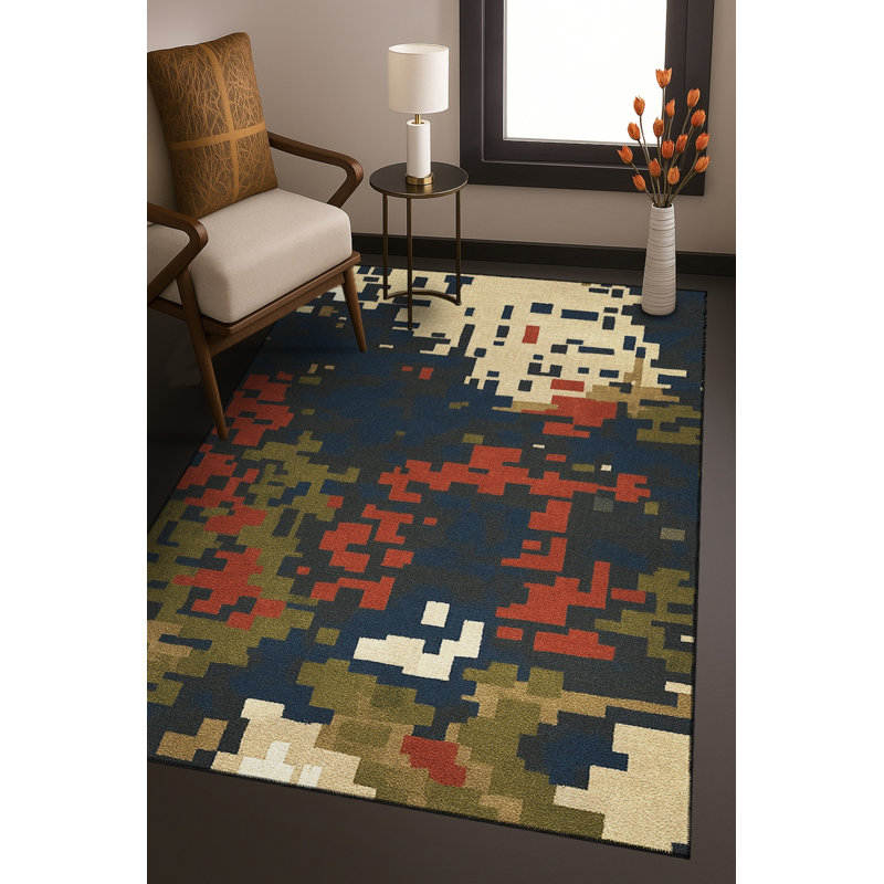 Tapis bleu tissé lavable rétro Mosso, 4'11" x 9'10"