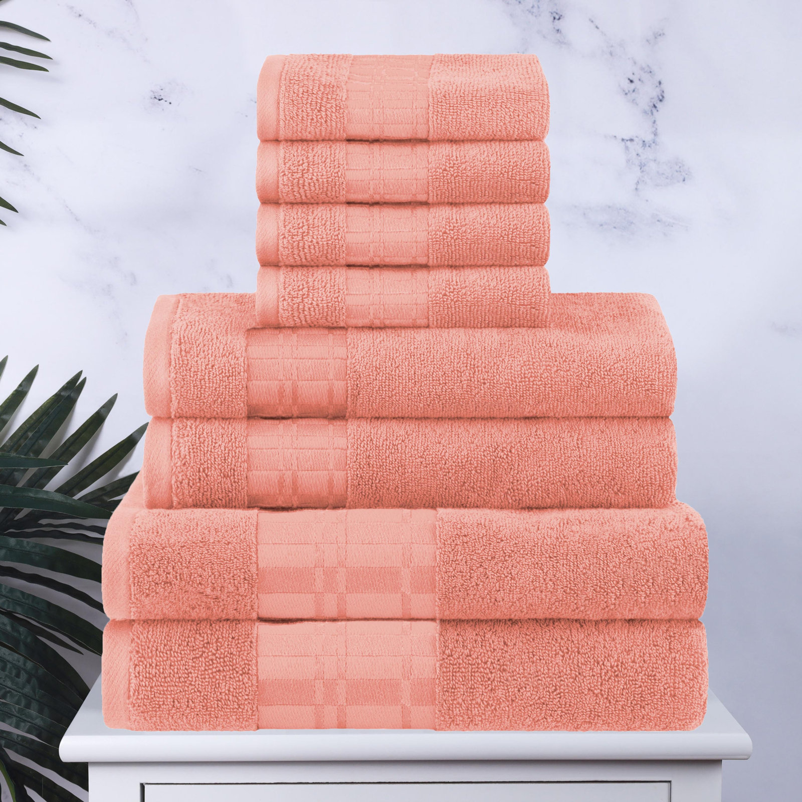 8-Piece Geometric Border Cotton Towel Set, Coral