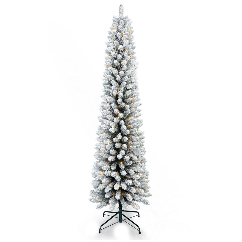 Arbre de Noël floqué à crayon mince en PVC avec support en métal robuste, 7', Blanc chaud, Illuminée