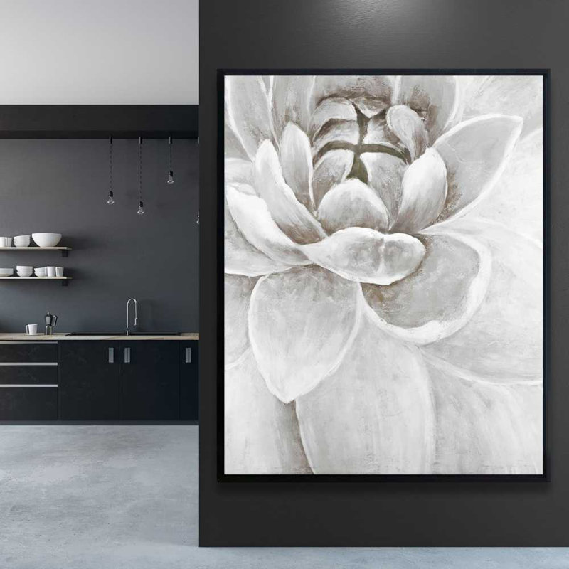 Toile délicate de chrysanthème blanc | Décoration de chambre à coucher moderne, H 61,25 po x l 49,25 po, Blanc / Gris / Beige