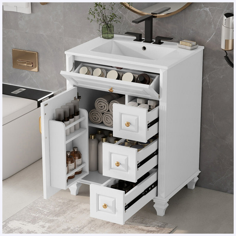 Meuble-lavabo autoportant de 24 po avec lavabo en céramique, tiroir escamotable, 3 tiroirs et armoire de rangement, bois massif et panneau de fibres à densité moyenne, blanc