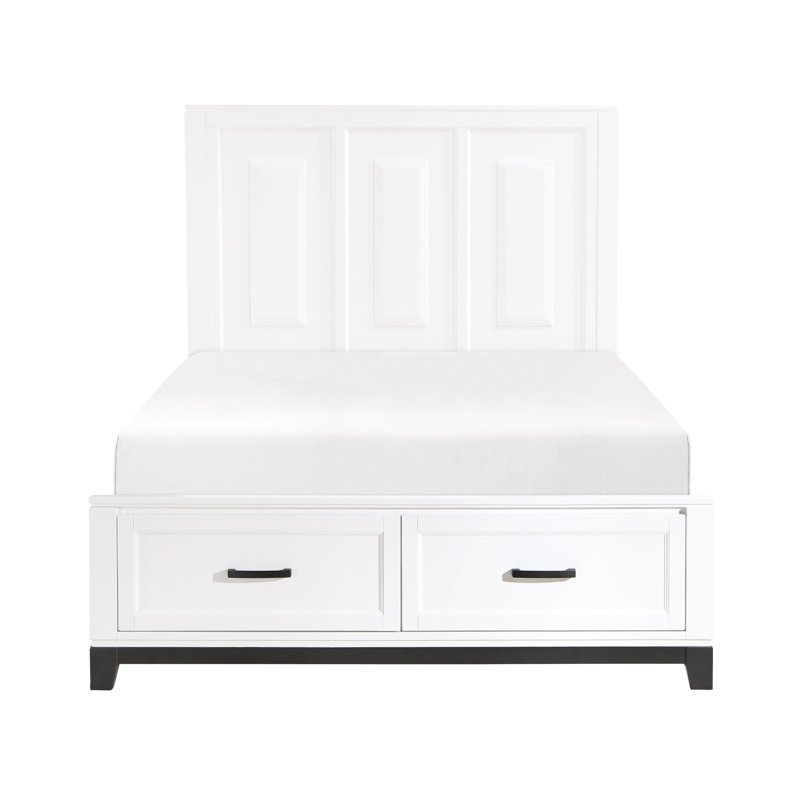 Grand lit plateforme en bois blanc avec rangement, élément de décoration de chambre à coucher