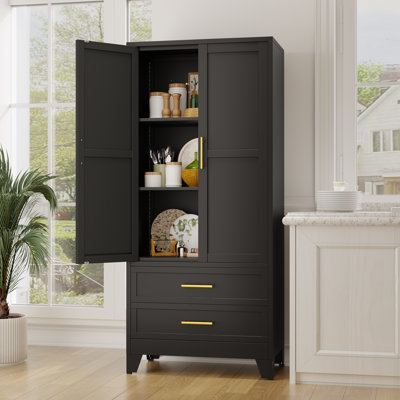 Steel Modern Freestanding Kitchen Tall Pantry Storage Cabinet With Drawers And Adjustable Shelves