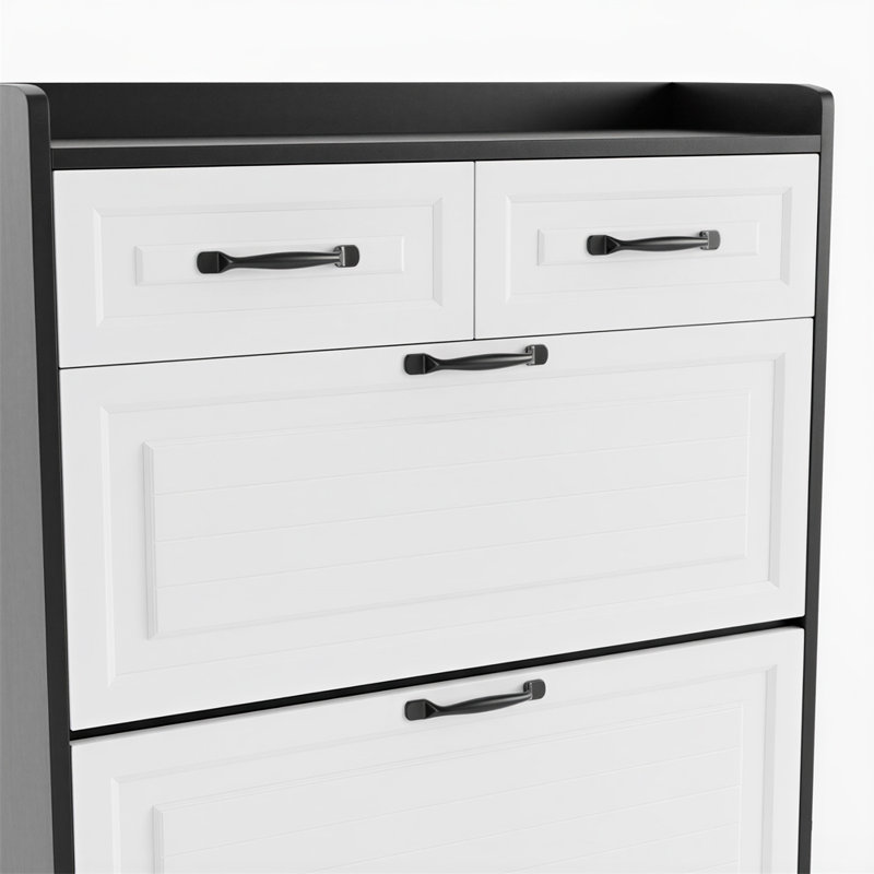 Armoire à chaussures basculante avec tiroirs, organisateur de vestibule moderne au fini blanc et noir