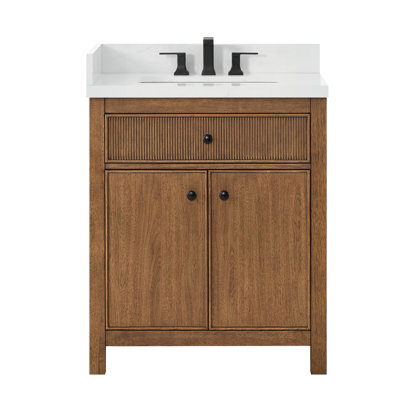 Meuble-lavabo simple 30 po Rian en noyer grillé, comptoir en quartz Giotto, lavabo carré encastrable (3 trous), garniture noir mat