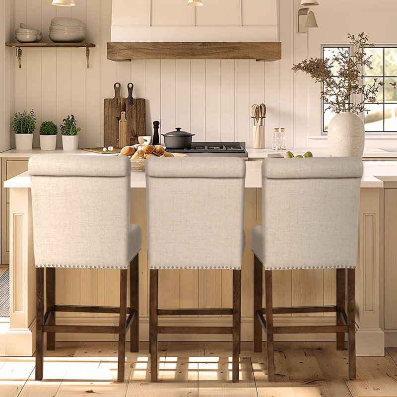 Upholstered Counter Stool With Nailhead Trim Set Of 2, Beige