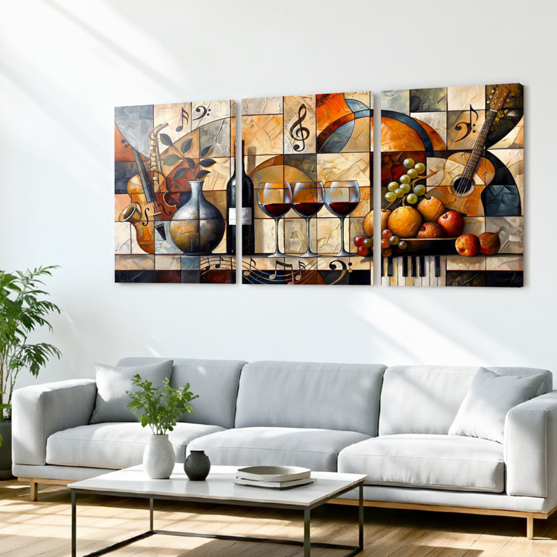 Ensemble de 3 tableaux sur toile « Vin, musique et fruits », 1218