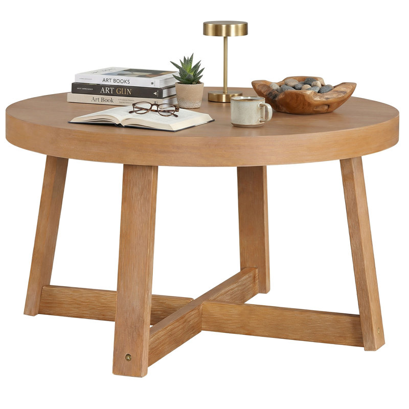 Table basse ronde de 30 po avec base en bois massif en forme de croix et table de thé décorative Farmhouse, Bois jaune moyen