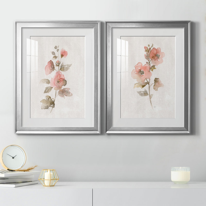 «Blush Sweetly I», ensemble de 2 reproductions d'art, H 18,5 po x l 49 po x P 1,5 po, Papier avec cadre argenté, Blanc