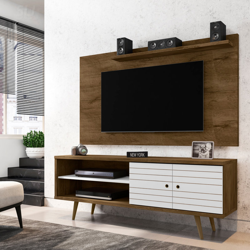 Liberty 63" Mid-Century Modern 3-Shelf TV Stand for TVs up to 60" in Rustic Brown and White, Rustic Brown/White