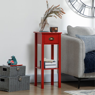 Table d'appoint rouge 2 tiroirs avec bout étroit pour le salon et la chambre à coucher. Fournit des magazines, des livres, des plantes et des photos. La conception élégante se marie bien à tout. Fait de robuste. Surmatelas équipé
