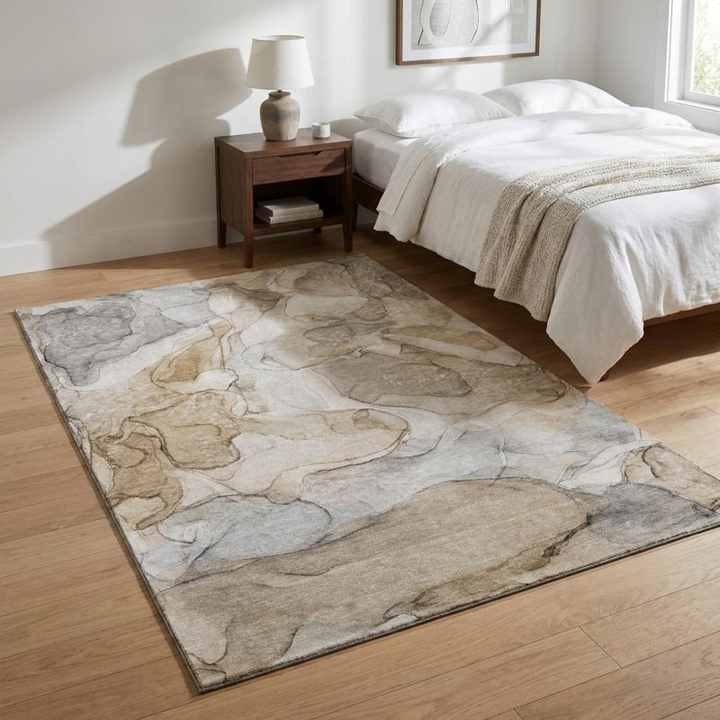Tapis abstrait lavable beige et ivoire 3 pi x 5 pi avec protection UV