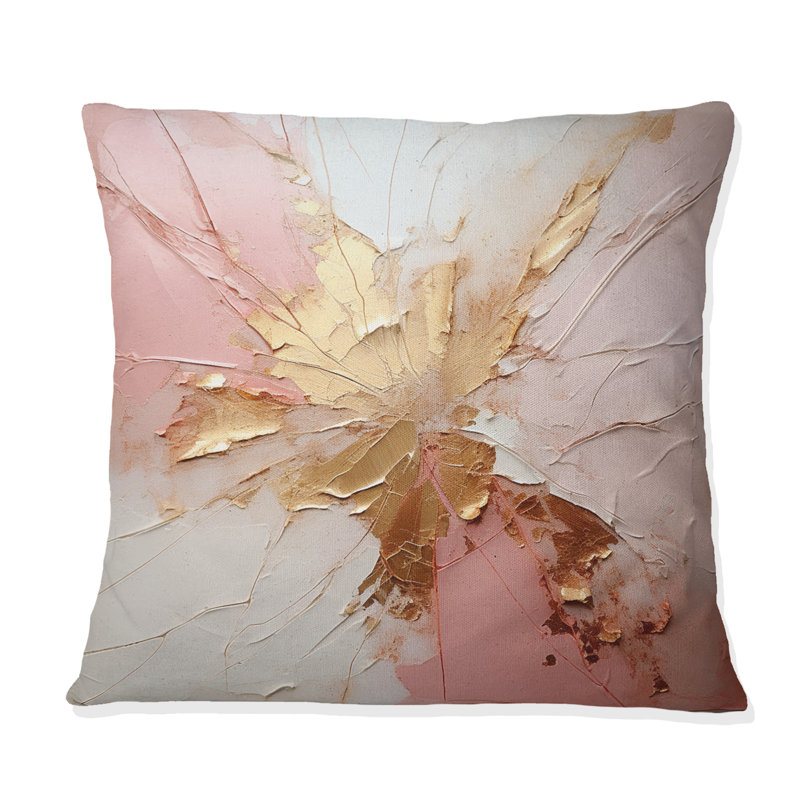 Coussin décoratif or et rose avec peinture abstraite, 18" x 18"