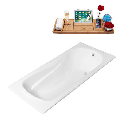 71" Streamline Drop-In Soaking Cast Iron Bathtub With Bamboo Tray